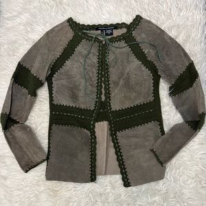 Michelle Nicole Size Small 100% Leather Brown Tie Cardigan With Green‎ Crochet